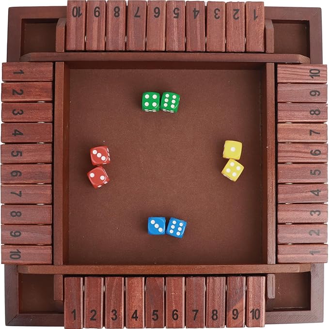 MerryPony Shut The Box Game 4 Player, Wooden Board Game with 10 Numbers, 12 Inch Close The Box Game with 12 Dice, Classic Family Dice Game for Adults, Tabletop Math Game for Pub Classroom Party