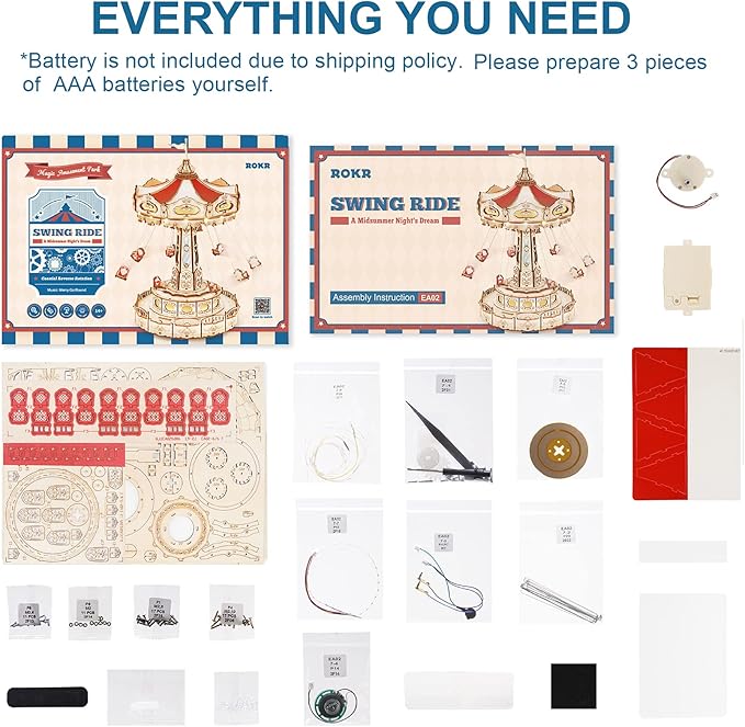 ROKR 3D Puzzles Wooden Music Box Kit with LED, Rotating Swing Ride Mechanical Model Kit DIY Wood Craft Hobbies Kit for Adults Birthday for Adults