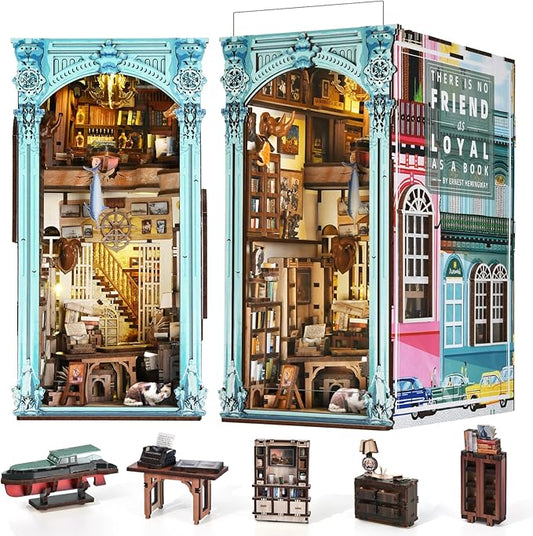 MiniCity DIY Book Nook Kit for Adults, 3D Wooden Puzzle Bookend Bookshelf Insert Decor with LED Light and Dust Cover (Hemingway House)