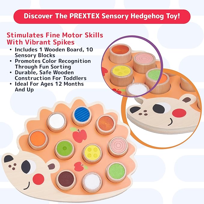 PREXTEX Sensory Hedgehog Toys for Toddlers - Montessori Color Sorting Toys - Includes 1 Wooden Board and 10 Colored Sensory Blocks - for Ages 12 Months and Up - Educational Toy - 1.5x12.9x10.7 in
