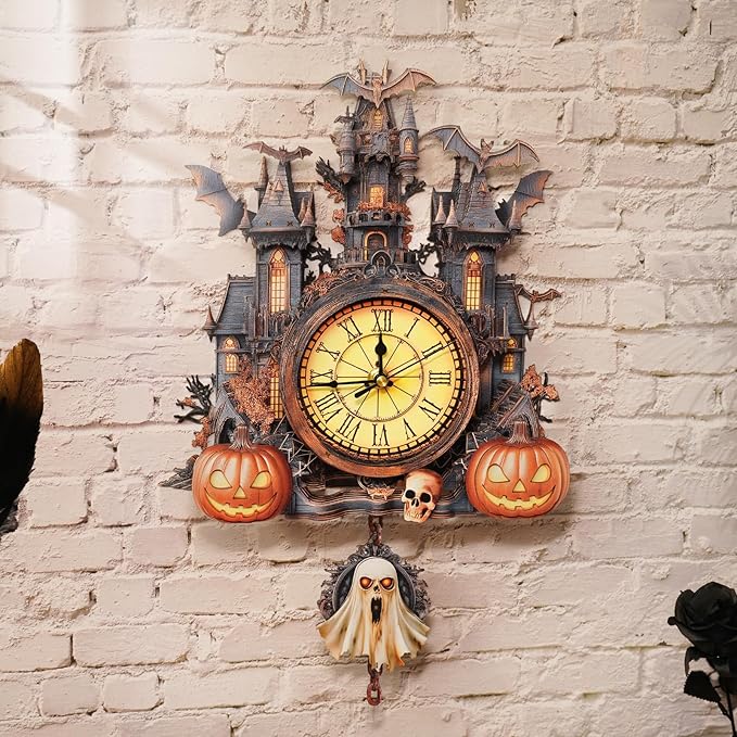3D Puzzle for Adults Clock - Halloween Hut Clock Design Model Kit-Mechanical DIY Pendulum Clocks with Roman Numerals-Desk Home Office Decor Personalized Gift for DIY Lovers