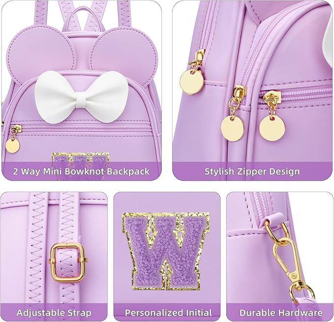 KKXIU Girls Initial Bowknot Cute Mini Backpack for Toddler, Travel Small Girl Backpacks, Personalized Trendy Stuff Gift for Little Girls and Kids(W, Purple)