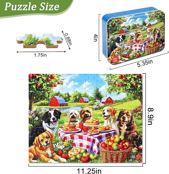 Puppy Dogs Animal Picnic Puzzles for Kids Ages 4-8, 100 Pieces Jigsaw Puzzles for Kids Ages 3-5 Puzzle for Girls and Boys Learning Educational Puzzles Toys in a Metal Box