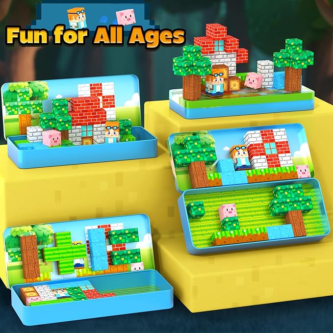 Magnetic Blocks Kids Travel Toys with Portable Metal Tin – Montessori Building Blocks STEM Magnet Magnetic Tiles Toddler Kids Toys for 3+ Year Old Boys & Girls, Classroom Must Haves Creative Gift