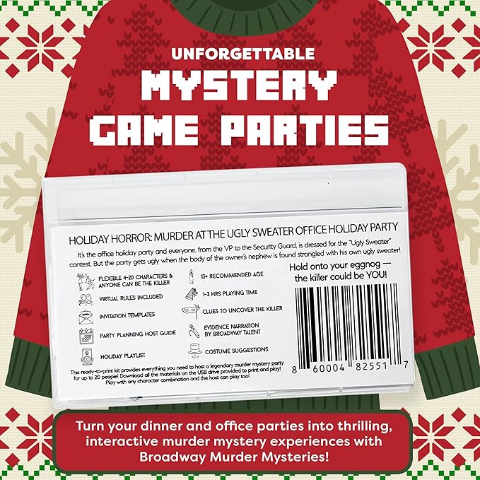 Broadway Murder Mysteries Murder at The Ugly Sweater Office Holiday Party for 3-20 Players | Play Multiple times in-Person/Virtually | Broadway-Themed Game Fun 13+ | USB Loaded: Printable Game Files