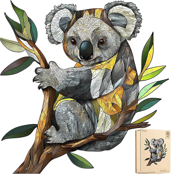 Wooden Puzzles for Adults, Koala Jigsaw Puzzles 500 Pieces, Unique Shaped Puzzle for Adults and Kids, Christmas Birthday Gift Family Game 16.6X 16.9 Inch