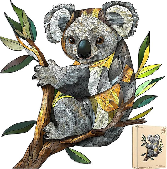 Wooden Puzzles for Adults, Koala Jigsaw Puzzles 500 Pieces, Unique Shaped Puzzle for Adults and Kids, Christmas Birthday Gift Family Game 16.6X 16.9 Inch