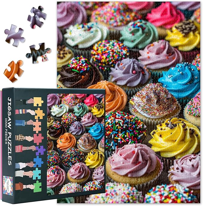 1000 Piece Puzzle for Adults - Delicious Cupcakes with Icing Jigsaw Puzzles, Whimsical Bakery Scene Adult Puzzles 1000 Pieces, Challenging Candy-Colored Design - 27.5x19.7 Inches