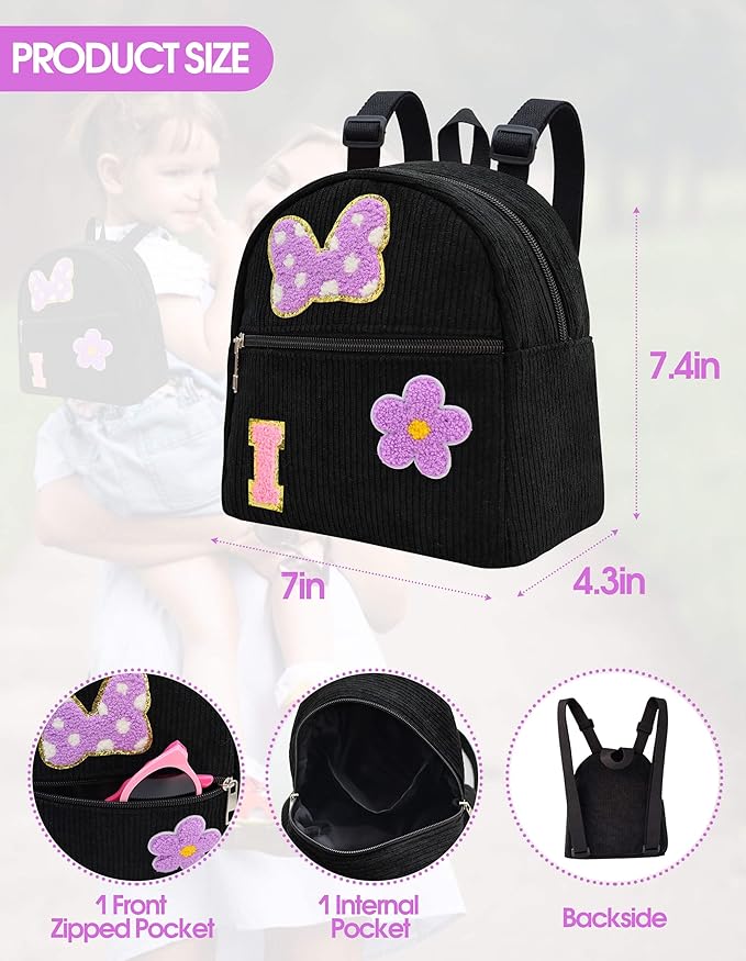 2 3 4 5 6 Year Old Girl Gifts Chenille Initial Mouse Bow Mini Backpack, Corduroy Toddler Backpacks Christmas Birthday Gifts for Girls 2-4 5-6, Black Mini Diaper Bag Must Haves for Park Travel Letter I