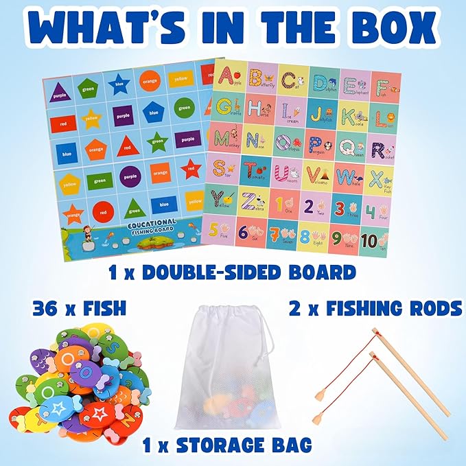 Magnetic Wooden Fishing Game – Interactive ABC Alphabet, Numbers, Shapes & Colors 4-in-1 Learning Board | Montessori Educational Toy for Kids | Complete Set with 36 Fish, 2 Wooden Poles & Board