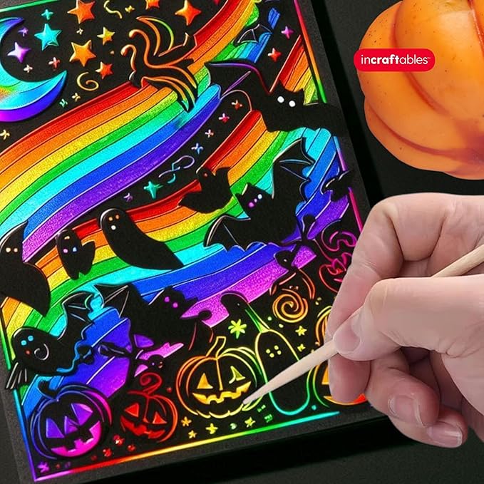 Incraftables Rainbow Scratch Paper Set. Magic Notes Kit with 30pcs Black Scratch Art Paper, 5pcs Wooden Stylus & 4pcs Drawing Stencils. Best Rainbow Notebooks for Kids Drawing & Craft
