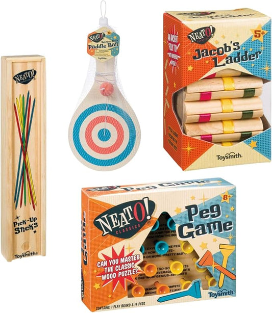 Neato Wood Toys Bundle – Includes Classic Wooden Peg Game, Jacob's Ladder Puzzle, Pick-Up Sticks, and Bounce-Back Paddle Ball – Fun Retro Games for Kids & Adults – Perfect for Travel & Family Play