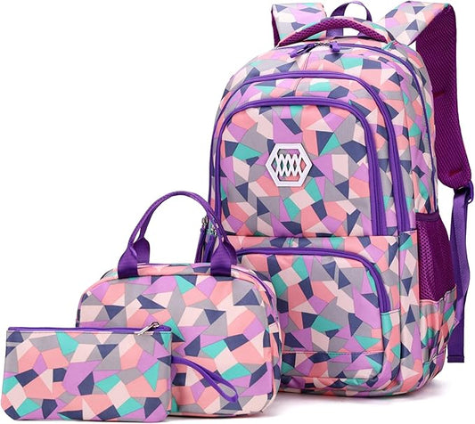 3Pcs Geometric Print Kids Backpack Set for Girls with Lunchbag, Purple Girls Backpack Elementary Middle School Bag Bookbag
