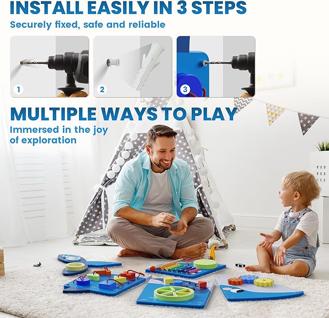 BlueWood Whale Wall Busy Board Panels, Toddler Learning Activity Center, Montessori Philosophy Sensory, Educational Toys, Conducive to All-Round Development