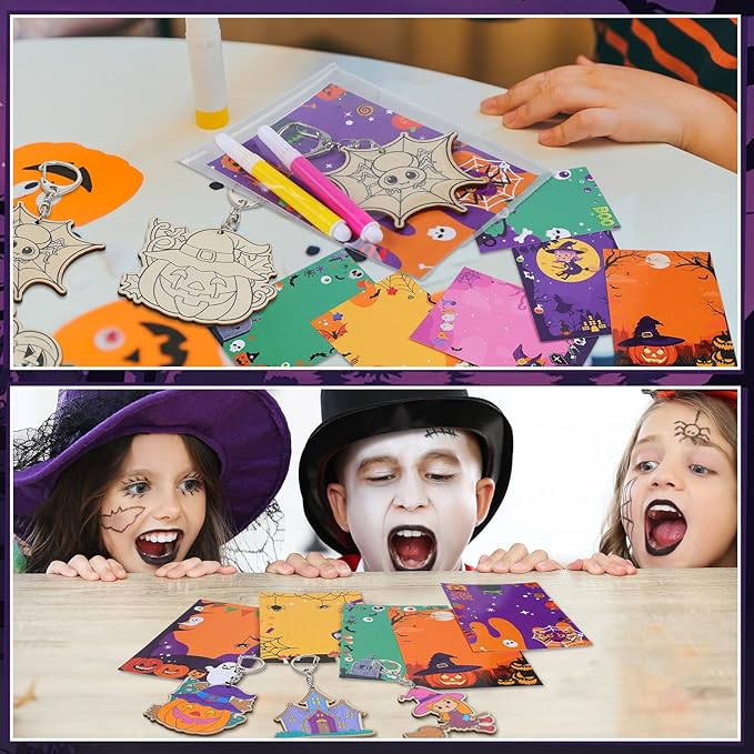 Trnayi 24 Sets Halloween Party Favors Gift Color Your Own Ghost Pumpkin Spider Witch Bat Unfinished Wooden Keychains DIY Crafts for Halloween Birthday Holiday Home Activities