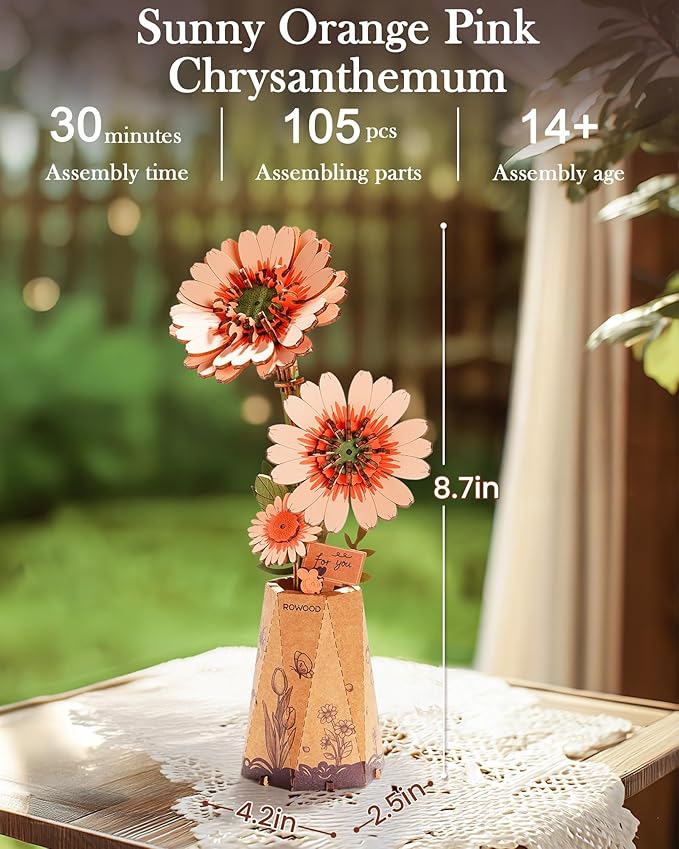 rowood 3D Puzzles for Adults,DIY Wooden Flower Building Craft Kits for Women,Christmas/Birthday Gift- Orange Gerbera Daisy