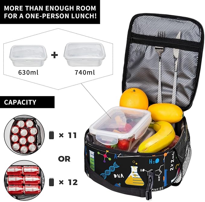 Science Chemistry Biology Physics Pattern Reusable Lunch Box Food Bag Insulated Lunch Bag for Teenage Boys Girls School Beach