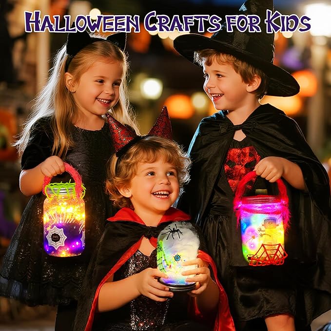 AIVEI 6 Pack Halloween Crafts for Kids Mason Jar with Accessories DIY Lantern Art Crafts Kits, Halloween Activities Toys Gifts for Girls Boys Adults