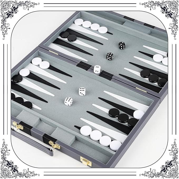 Froggod 15 inch Backgammon Sets for Adults - Classic Board Game for Adults - Portable Travel Backgammon Set for 2 Players - Perfect Adult Board Games for Gifts & Family Fun(Gray)