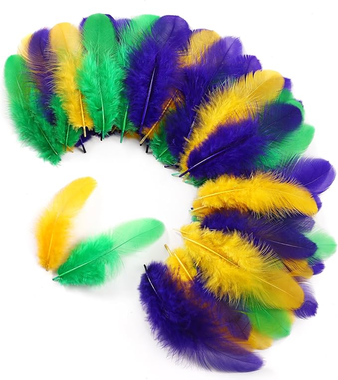 Soarer 300pcs Mardi Gras Feathers for Crafts - 3-5inch Feathers Bulk for Wedding Home Party, Dream Catcher Supplies and DIY Crafts(Mardi Gras)