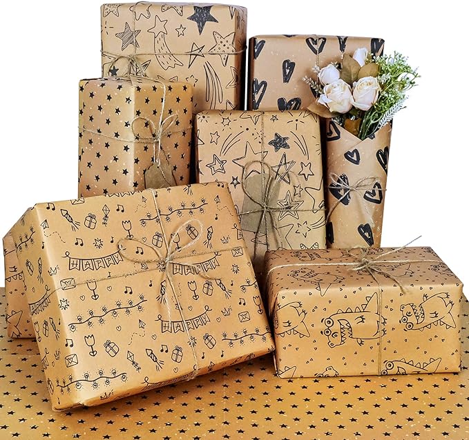 BWLOIES Wrapping Paper Set,Eco Gift Wrapping Paper Folded Sheets,Birthday Gift Wrap Kit,Eco Birthday Paper Recycled Kraft Gift Wrapper paper for Girls Kids Man Boys Women,Tags string