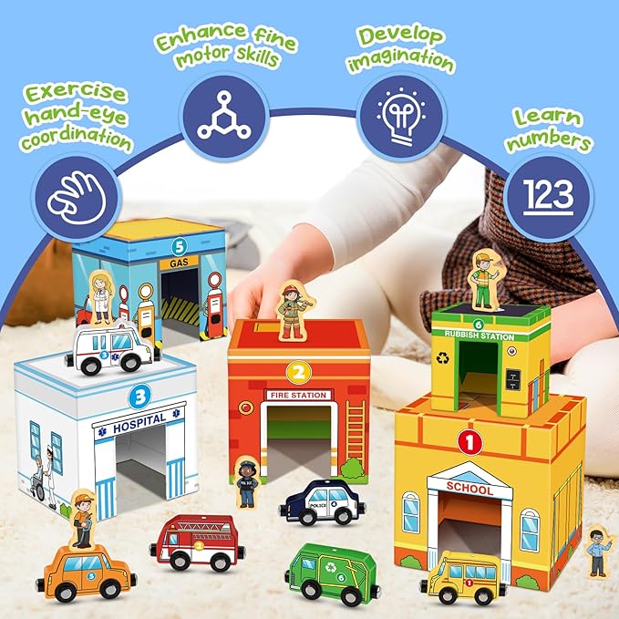 Aizweb Magnetic Wooden Vehicle Stacking Set,Sorting & Building STEM Blocks Cars Toys for Toddlers,Cardboard Educational Preschool Kindergarten Learning Montessori Toys for 1 2 3 Year Old Boys Girls