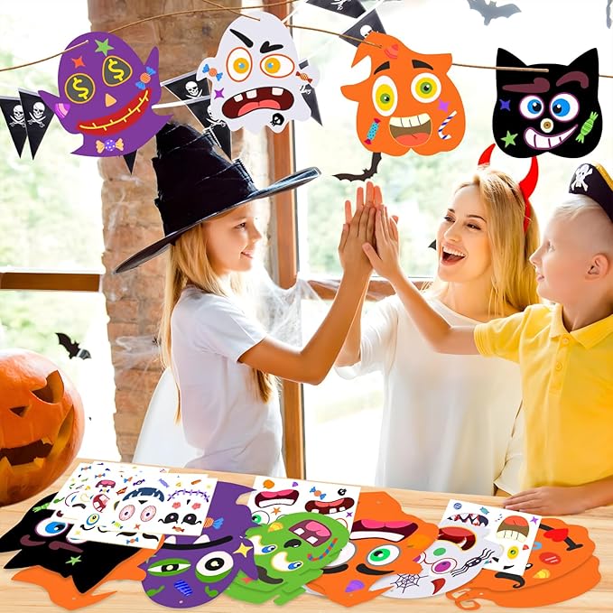 Natonhi Halloween Crafts Set, Halloween Activitie Art and Craft Foam Pumpkin Cat Bat Ghost Witches with Self Adhesive Face Stickers Kits for Kids Holiday Decorations Game Party Favors
