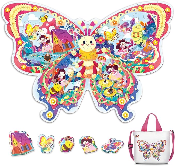 ELX 52 Piece Butterfly Jigsaw Puzzle for Kids 3+, Large Floor Puzzle for Preschool Learning with Storage Bag, Educational Toy Gift Birthday and Christmas for Boys Girls