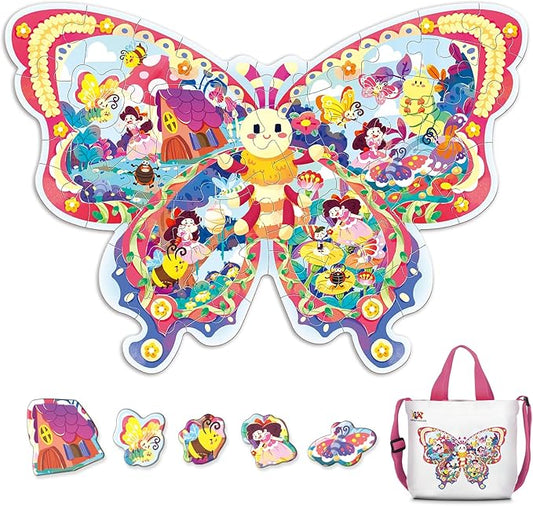 ELX 52 Piece Butterfly Jigsaw Puzzle for Kids 3+, Large Floor Puzzle for Preschool Learning with Storage Bag, Educational Toy Gift Birthday and Christmas for Boys Girls