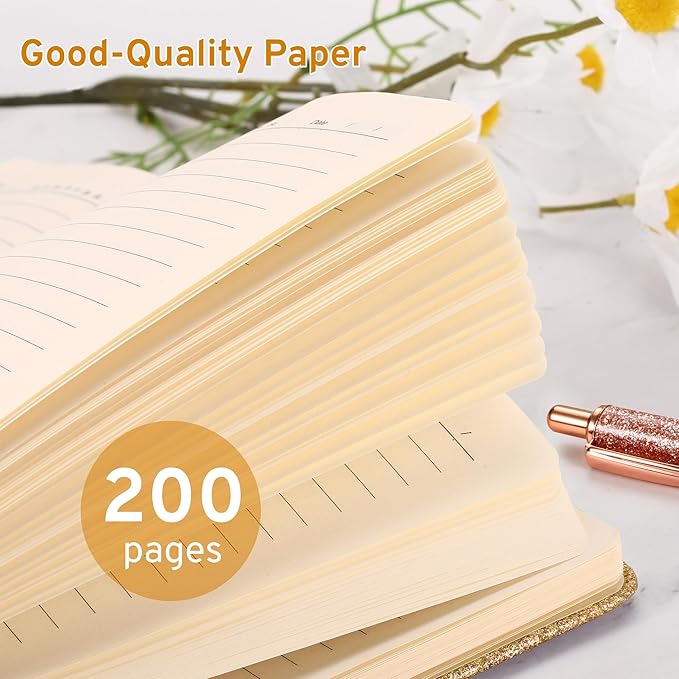 Gold Glitter Notebook, 8.4"x 5.7", 200 Lined Pages, No-Shed Sparkle Journal for Girls & Women, A5 Hardcover Diary for Writing, Birthday Gift for Teen Kids, Trendy Stuff for 8 9 10 11 12 Year Old
