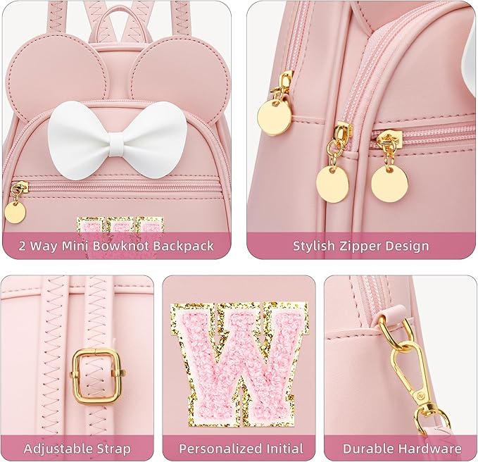 KKXIU Girls Initial Bowknot Cute Mini Backpack for Toddler, Travel Small Girl Backpacks, Personalized Trendy Stuff Gift for Little Girls and Kids(W, Pink)