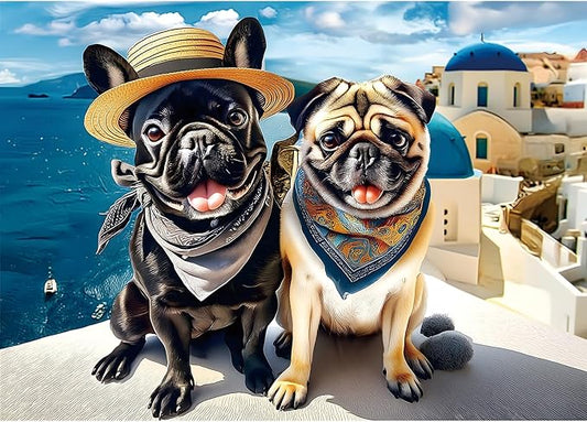 1000 Piece Jigsaw Puzzle for Adults Cute Fun Dog Vacation in Santorini Greece Scene Beautiful Landscape Puzzle Fun Bulldog Puzzle Games for Adults Night (70x50cm)