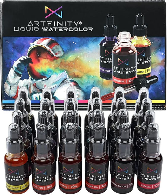 Artfinity Liquid Watercolor Paint 30 ml Bottles, Set of 24 Colors - Vibrant Dye-Based Liquid Watercolor w/Glass Pipette, Fast-Drying, Fine Art Paint for Calligraphy, Airbrushing & Traditional Art