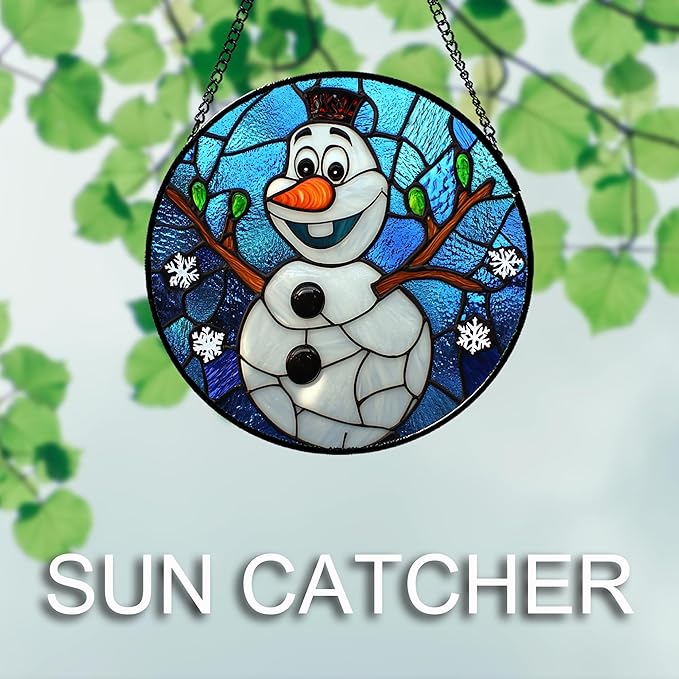 Stained Glass Window Hanging Christmas Funny Snowman 6.3" - Suncatcher Door Garden Blue White Snowflakes Sun Catcher New Year Birthday for Friend Mom Men Woman Nana