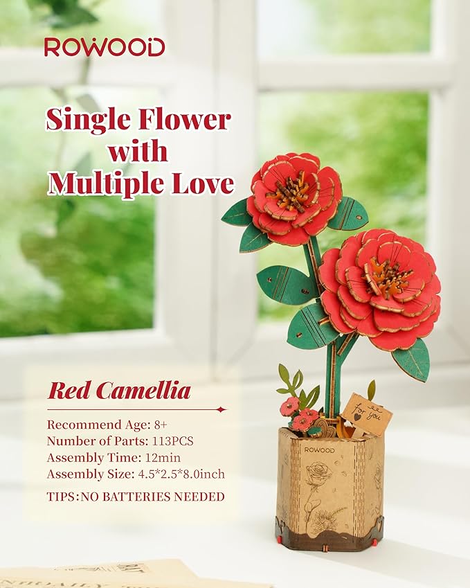 rowood Artifical Flower,DIY Wooden Flower Craft Kit for Kids,Mother's Day/Valentine's Day/Teacher's Day/Thanksgiving Day/Christmas/Birthday Gift for Mom/Women/Grandma/Wife/Her-Red Camellia, TW031