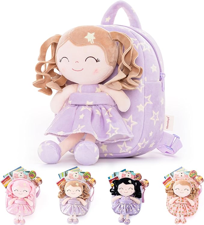Gloveleya 3.5L Curly Hair Plush Figures Dress Backpack - Purple Star, 9 inches, 3.5 liters
