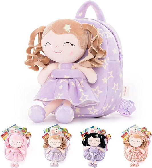 Gloveleya 3.5L Curly Hair Plush Figures Dress Backpack - Purple Star, 9 inches, 3.5 liters