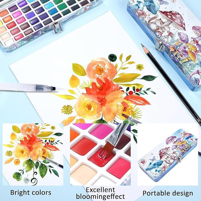 TBC The Best Crafts 50 Colors Watercolor Paint Set For Kids, Students and Artists, Amateur,Beginner.Set includes Coloring Sheets, Black Dual Tip Acrylic Paint Markers, Storage Bag