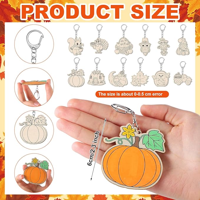 24 Sets Fall Thanksgiving Party Favors Autumn Unfinished Wooden Keychains Gifts Coloring Turkey Pumpkin Fall Leaves Scarecrow DIY Home Crafts for Thanksgiving Party Holiday Activities
