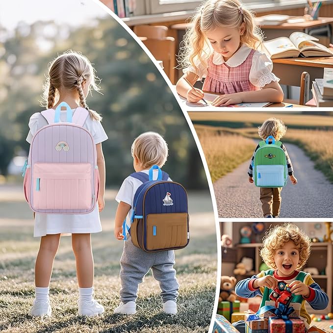 VASCHY Toddler Boys Backpack, Kids' Small Lightweight Quilted Color-blocked Bookbag School Backpack for Kindergarten Children Navy Brown