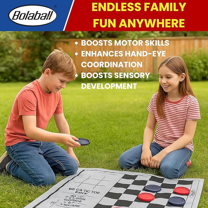 Bolaball 3-in-1 Giant Checkers, Tic Tac Toe Jumbo Game, 26"x26", Reversible Carpet, Indoor Outdoor Yard Board Game for Family and Friends with 24 Chips