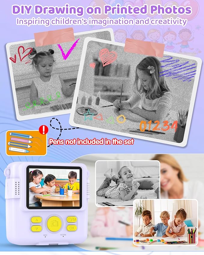 Instant Print Camera for Kids with 3 Rolls of Printer Paper, 1080P Toddler Digital Camera Toys for Age 3-12 with 32GB SD Card, Christmas & Birthday Gifts for 3 4 5 6 7 8 Year Old Girls & Boys (Purple)