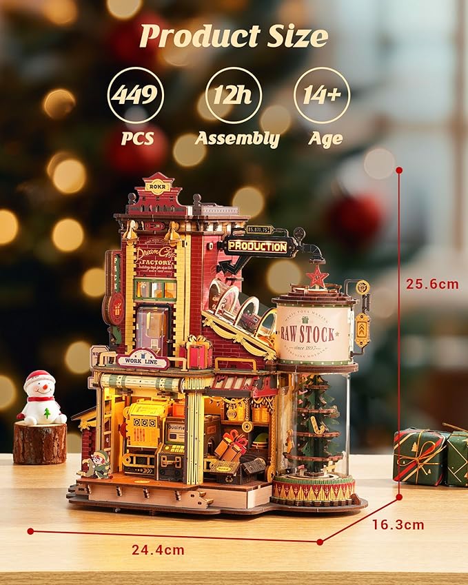 ROKR 3D Wooden Puzzle for Adult - Gift Factory Mechanical Model Kit with Music & Lights, 449pcs Adult Wooden Puzzles, DIY Building Toy for Teens & Adults