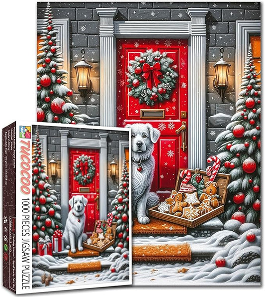 Christmas 1000 Piece Jigsaw Puzzles for Adults Cute Dog Painting Christmas Tree Jigsaw Puzzle 1000 Pieces Gingerbread Man/Candy Cane Puzzles Family Fun Game DIY Craft Bedroom Decor Festival Gift