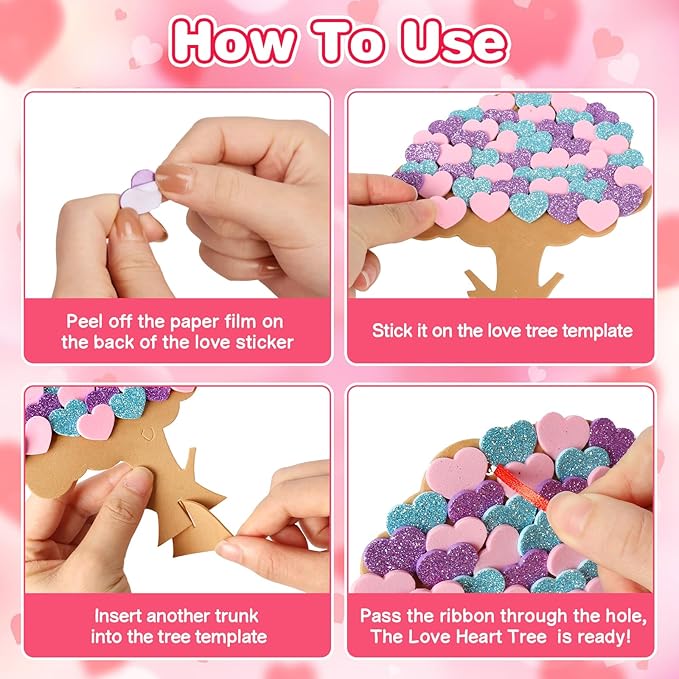 Fennoral 12 Pack Mother's Day Craft Kits for Kids - Heart Tree Foam Stickers DIY Arts and Crafts for Girls & Boys - Valentine Gifts, Decorations