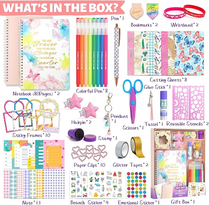 2-Pack DIY Journal Kit for Girls Ages 8-14 Year Old, Birthday Christmas Gifts for Teen Girls, 70+ Pcs Art & Crafts, Scrapbook & Diary Supplies Toy Set Trendy Stuff for Kids