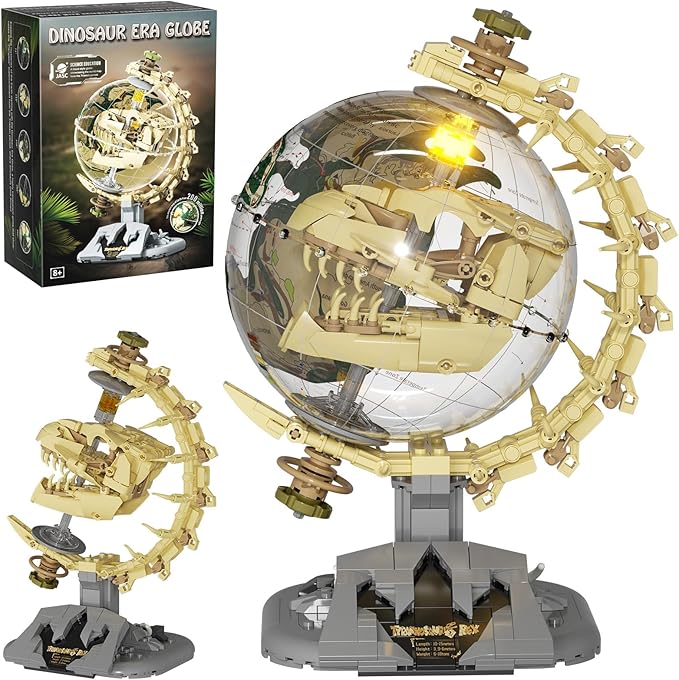 Dinosaur Skull Fossils Globe Building Set,360° Rotatable Globe Display Model with LED Light,STEM Skeleton Model Educational Toy, Gifts for Boys and Girls Ages 8+