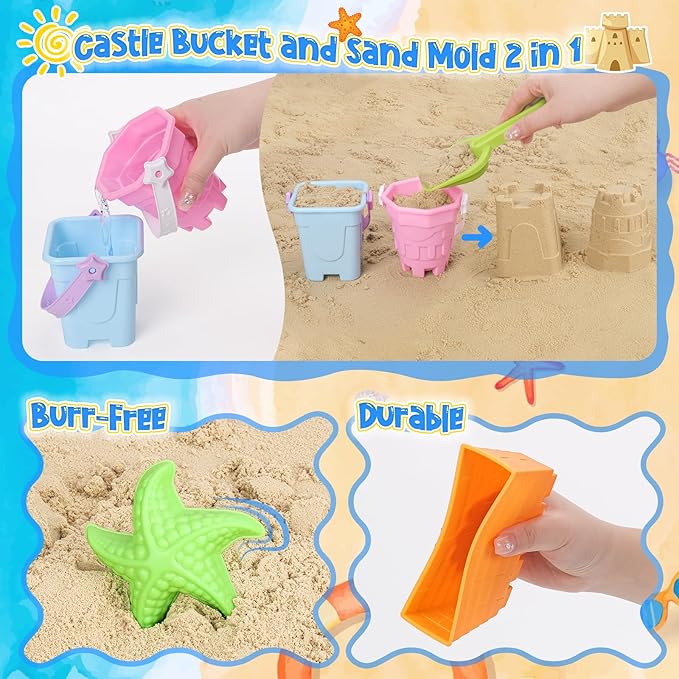 Beach Toys Sand Toys for Kids, Sand Castle Toys with Castle Bucket, Sand Molds, Shovel and Rake, Sandbox Toy for Toddlers 1-3 4 5 6 7 8 9 10 12, Beach Summer Accessories for Kids