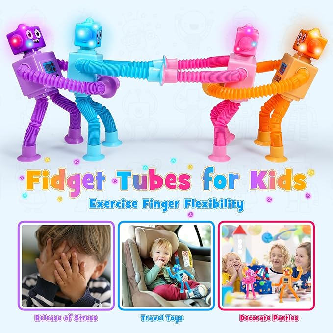 Robot Fidget Toys for Kids : 4 Pack LED Robotic Pop Tubes Telescopic Suction Cup Sensory Toy for 3 4 5 6 7 8 Year Old Boys Girls Halloween Birthday Gifts for Kid Ages 3-5 Toddler Travel Toy
