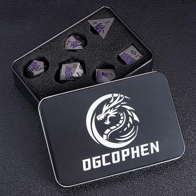 Metal DND Cat Dice 7PCS Polyhedral RPG Dice Set with Gift Case for Dungeons Dragons Role Playing Game, D and D Dice D6 D8 D10 D12 D20 D% (Grey Purple)